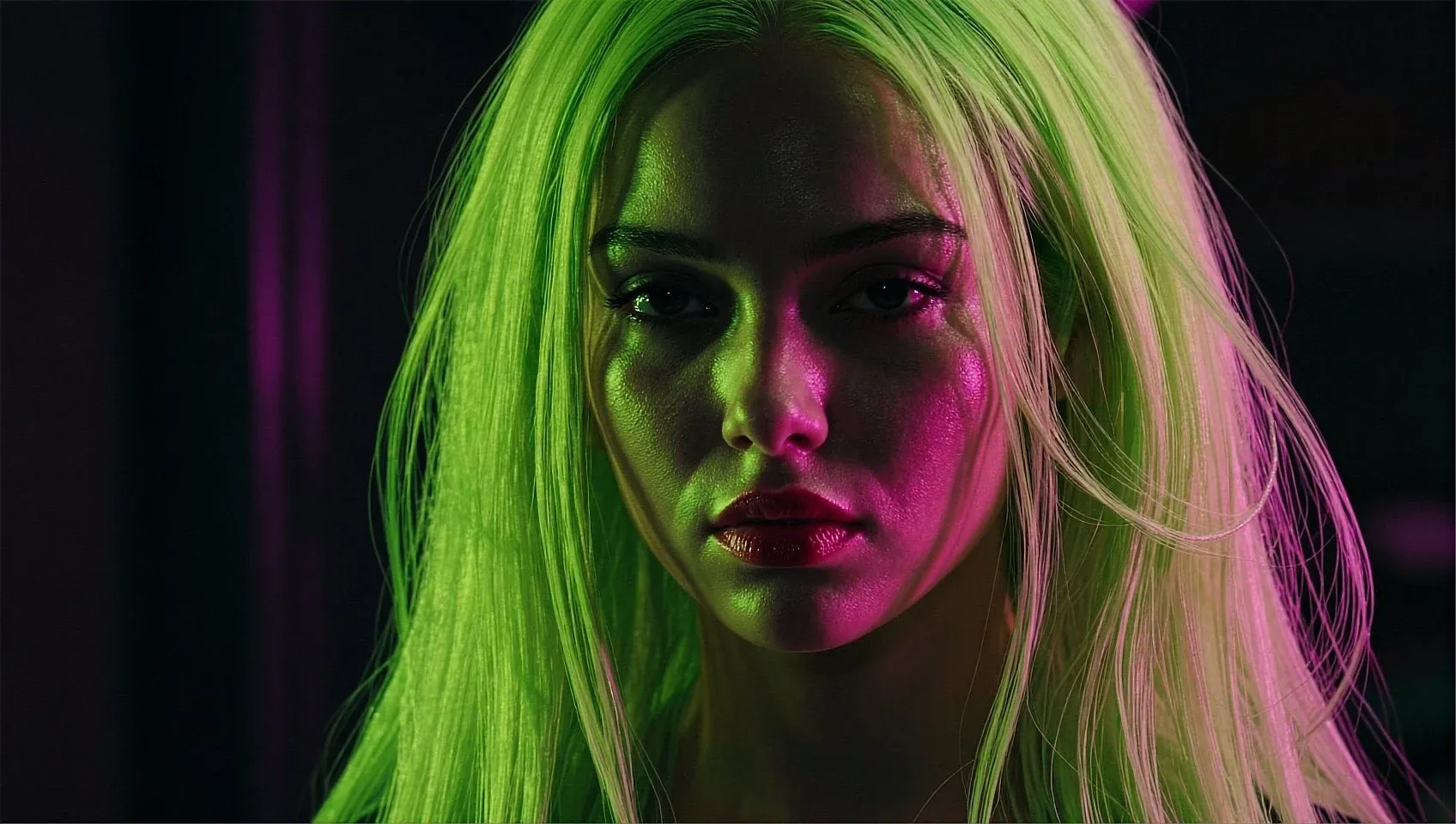 Style reference: blonde model washed in acid-lime neon on a purple background