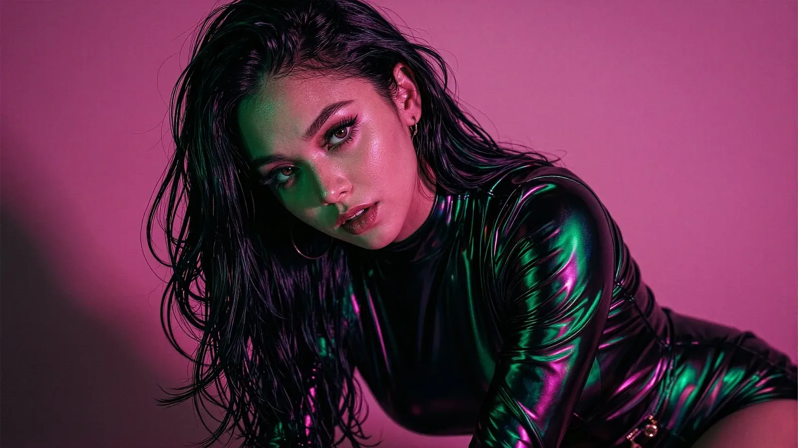 Text-to-image render: dark-haired woman in glossy green latex against a pink wall